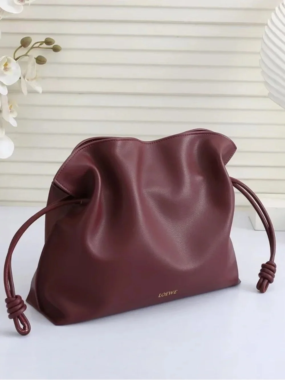 Loewe Burgundy Leather Tote with Knotted Side Straps